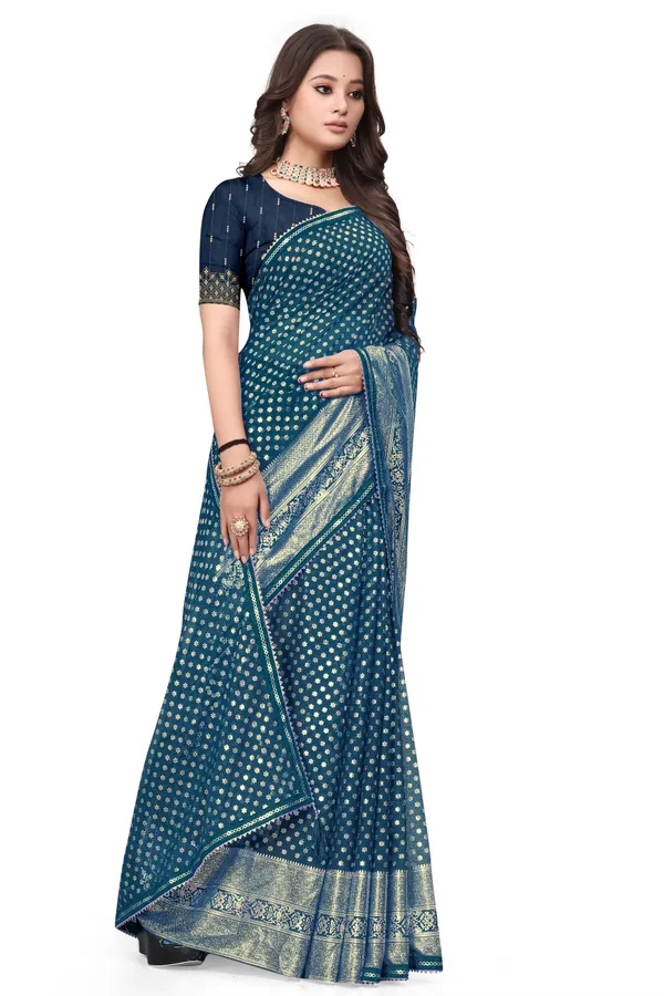 Teal_Designer_Fancy_Foil_Print_Patola_Saree_With_Embrodary_Blouse_Piece
