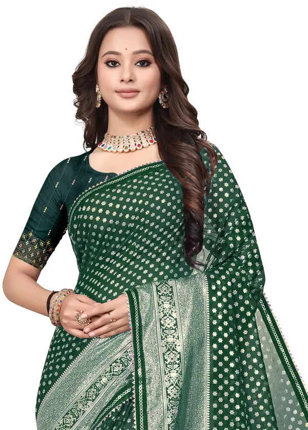 Green_Designer_Fancy_Foil_Print_Patola_Saree_With_Embrodary_Blouse_Piece