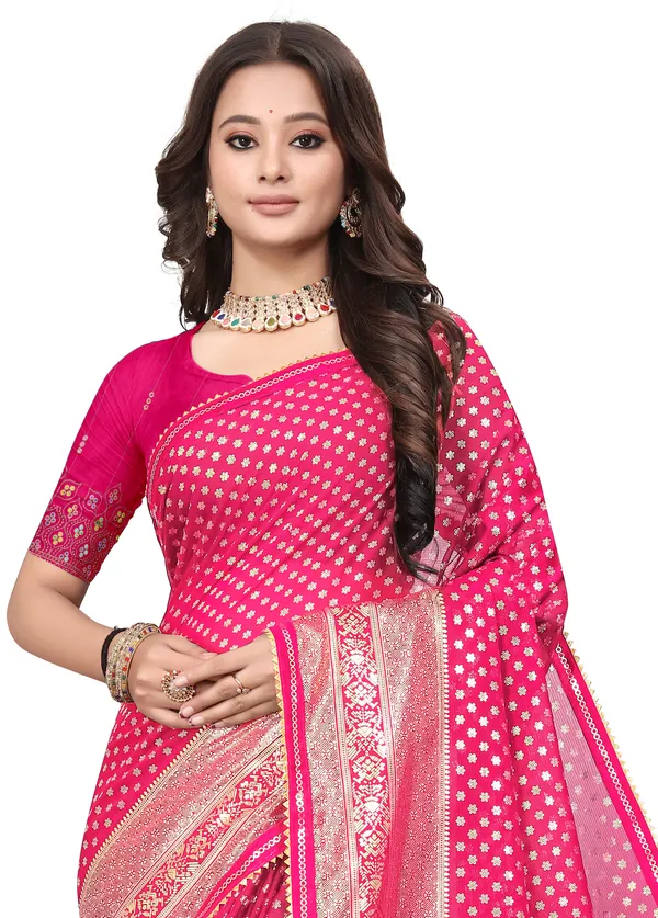Pink_Designer_Fancy_Foil_Print_Patola_Saree_With_Embrodary_Blouse_Piece