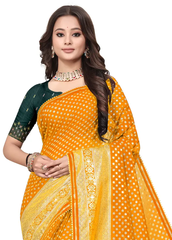 Yellow_Designer_Fancy_Foil_Print_Patola_Saree_With_Embrodary_Blouse_Piece