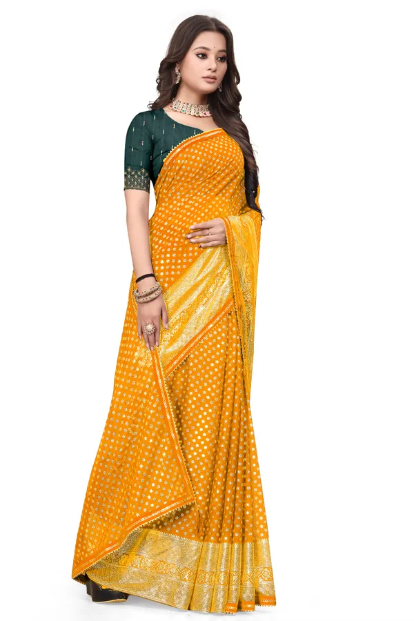 Yellow_Designer_Fancy_Foil_Print_Patola_Saree_With_Embrodary_Blouse_Piece