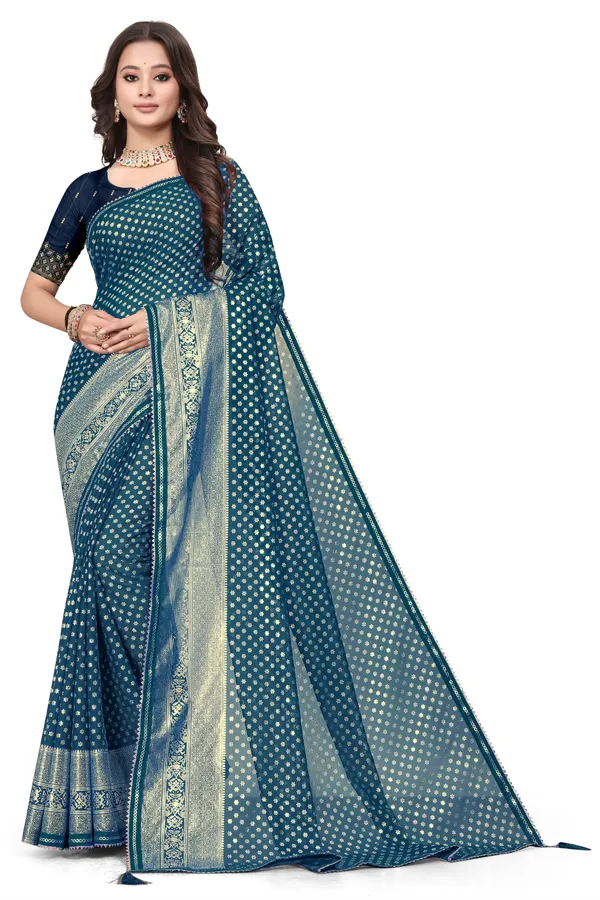 Teal_Designer_Fancy_Foil_Print_Patola_Saree_With_Embrodary_Blouse_Piece