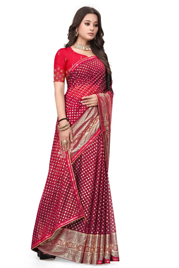 Red_Designer_Fancy_Foil_Print_Patola_Saree_With_Embrodary_Blouse_Piece