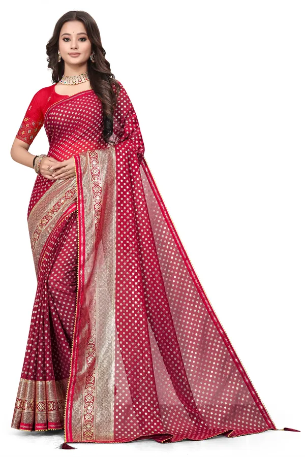 Red_Designer_Fancy_Foil_Print_Patola_Saree_With_Embrodary_Blouse_Piece