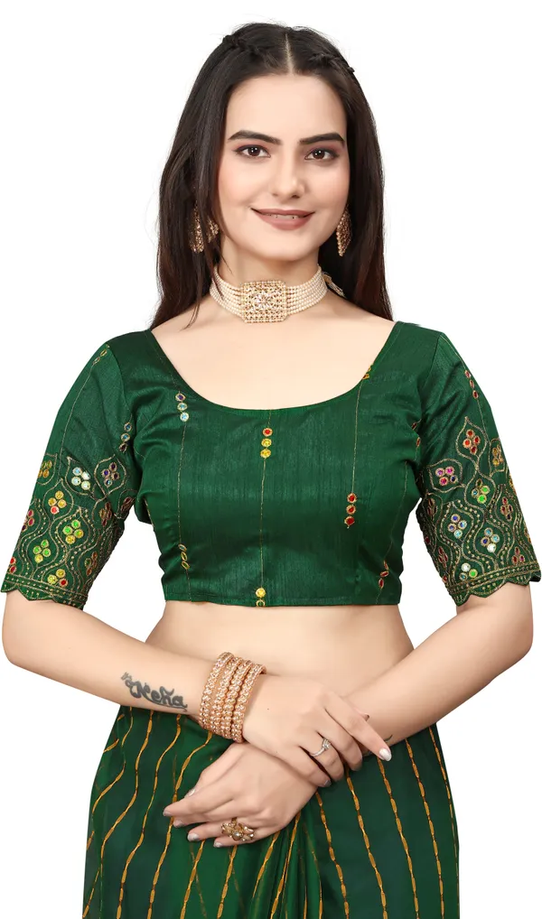 Green_Jacquard_Printed_Casual_Banarasi_Synthetic_Saree_With_unstitched_Blouse