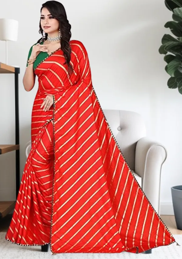 Red_And_Green_Silk_Blend_Floral_Print_Wedding_And_Festive_Leheria_Blend_Saree_With_unstitched_Blouse