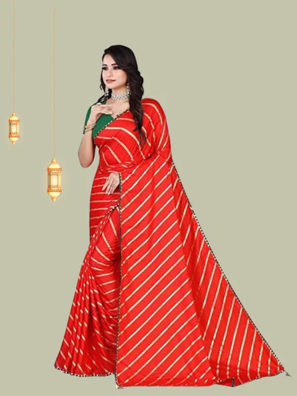Red_And_Green_Silk_Blend_Floral_Print_Wedding_And_Festive_Leheria_Blend_Saree_With_unstitched_Blouse