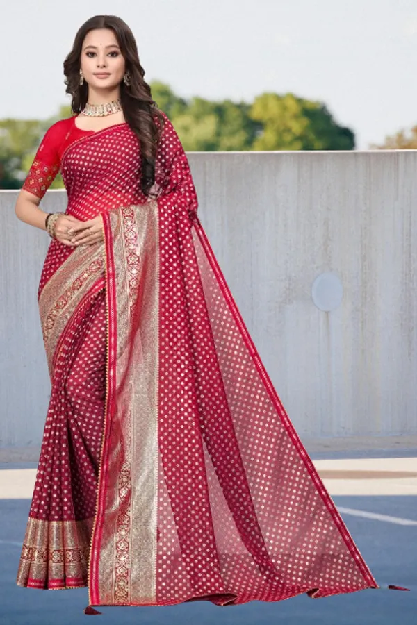 Red_Designer_Fancy_Foil_Print_Patola_Saree_With_Embrodary_Blouse_Piece
