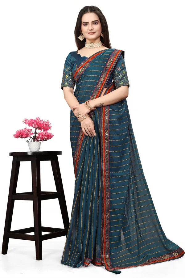 Green_Jacquard_Printed_Casual_Banarasi_Synthetic_Saree_With_unstitched_Blouse