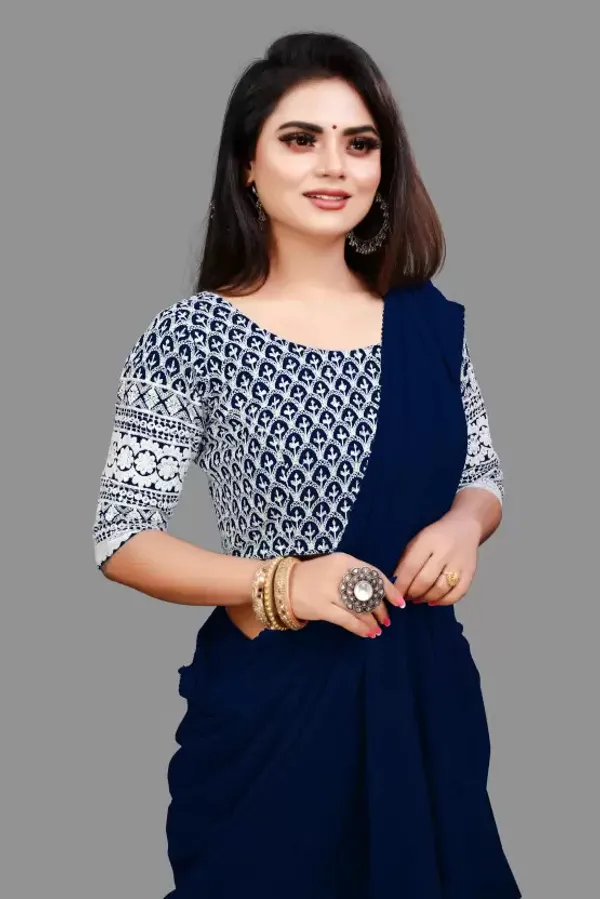 Dark_Blue_Georgette_Solid/Plain_Party_And_Festive_Bollywood_Pure_Saree_With_unstitched_Blouse