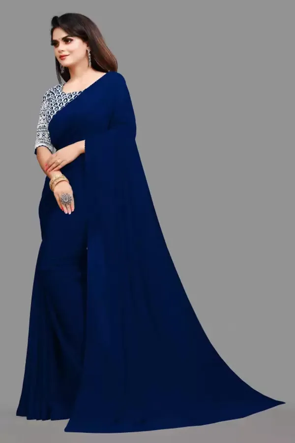 Dark_Blue_Georgette_Solid/Plain_Party_And_Festive_Bollywood_Pure_Saree_With_unstitched_Blouse