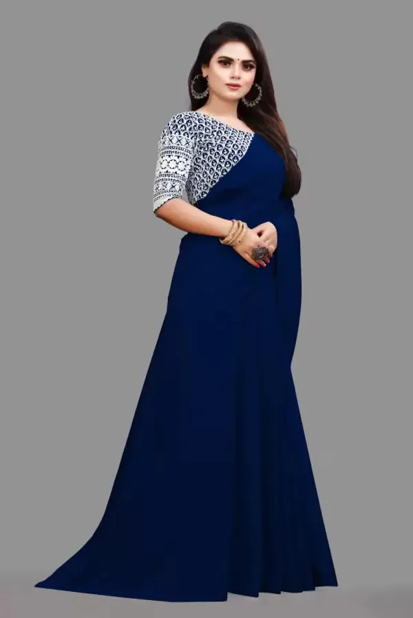 Dark_Blue_Georgette_Solid/Plain_Party_And_Festive_Bollywood_Pure_Saree_With_unstitched_Blouse