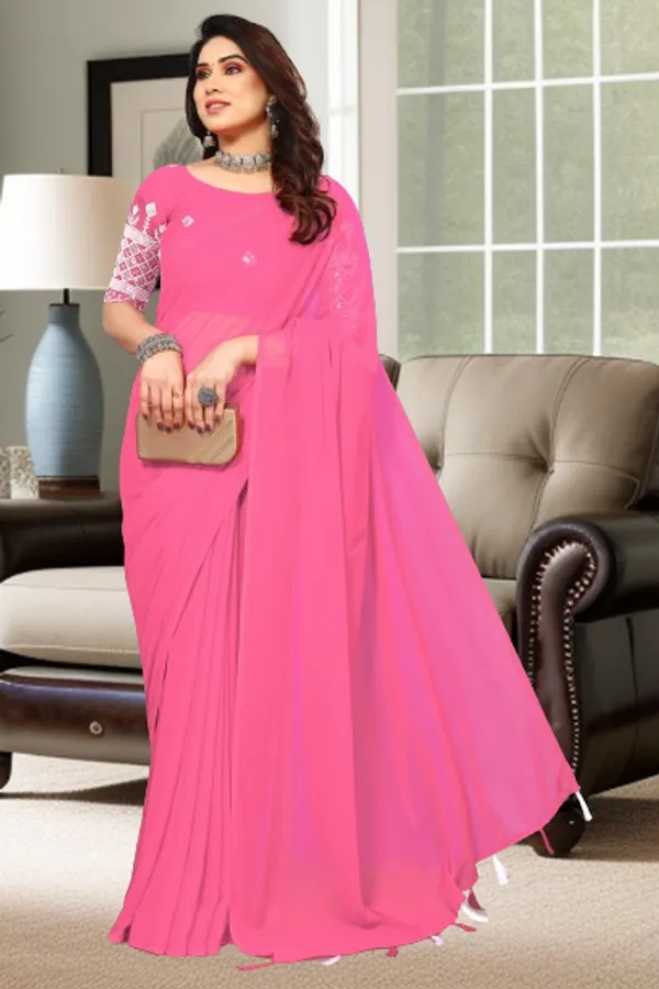 Pink_Georgette_Solid/Plain_Party_And_Festive_Bollywood_Blend_Saree_With_unstitched_Blouse