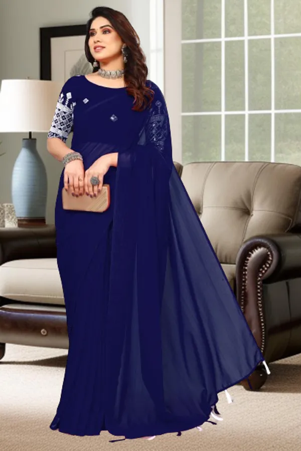 Blue_Georgette_Solid/Plain_Party_And_Festive_Bollywood_Blend_Saree_With_unstitched_Blouse