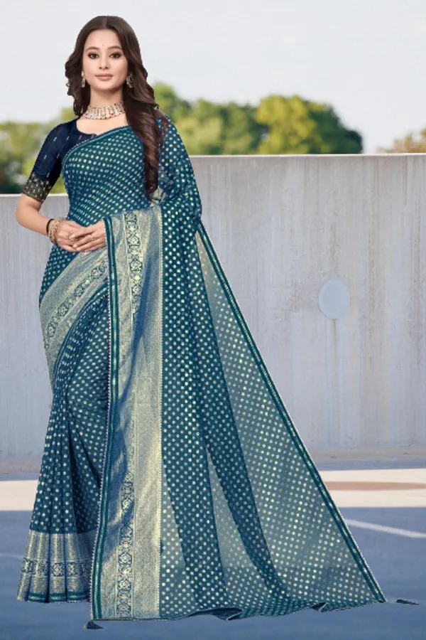 Teal_Designer_Fancy_Foil_Print_Patola_Saree_With_Embrodary_Blouse_Piece