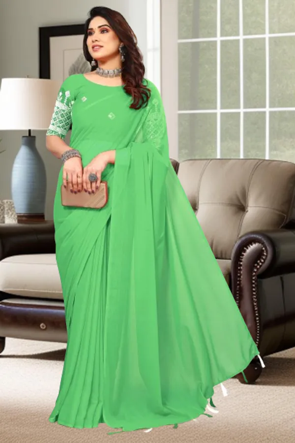 Light_Green_Georgette_Solid/Plain_Party_And_Festive_Bollywood_Blend_Saree_With_unstitched_Blouse