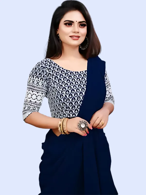 Dark_Blue_Georgette_Solid/Plain_Party_And_Festive_Bollywood_Pure_Saree_With_unstitched_Blouse