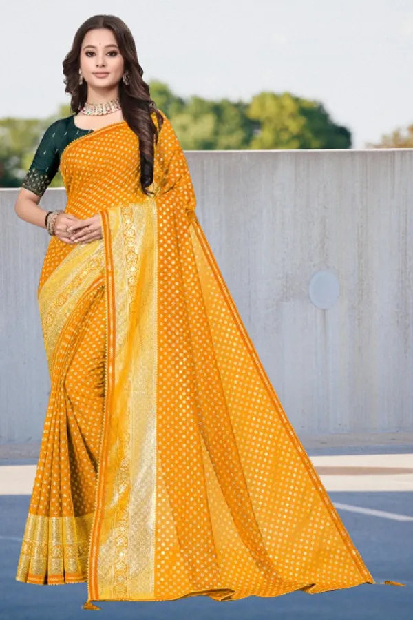 Yellow_Designer_Fancy_Foil_Print_Patola_Saree_With_Embrodary_Blouse_Piece