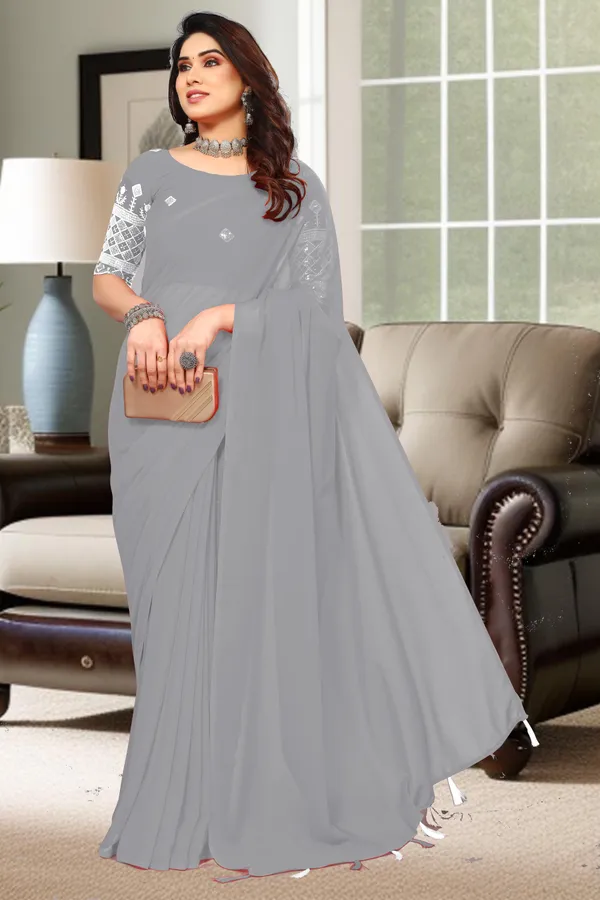 Grey_Georgette_Solid/Plain_Party_And_Festive_Bollywood_Blend_Saree_With_unstitched_Blouse