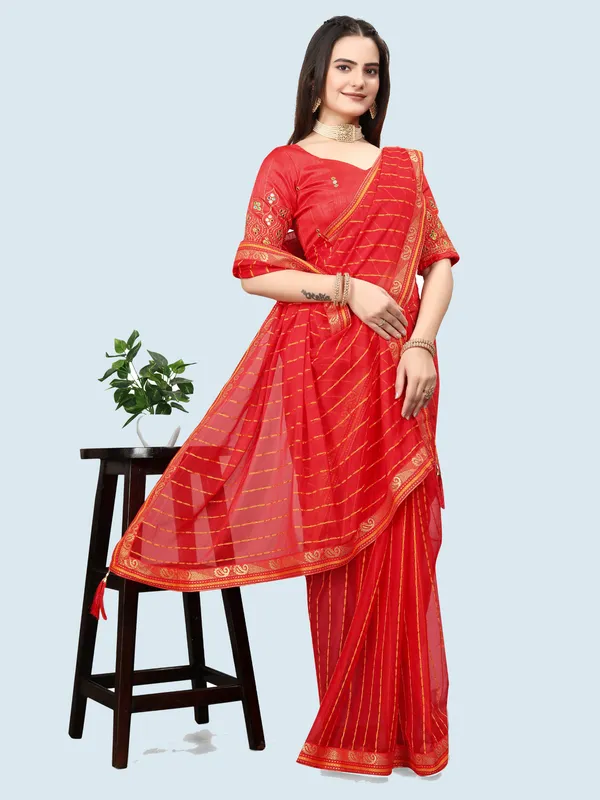 Red_Jacquard_Printed_Casual_Banarasi_Synthetic_Saree_With_unstitched_Blouse
