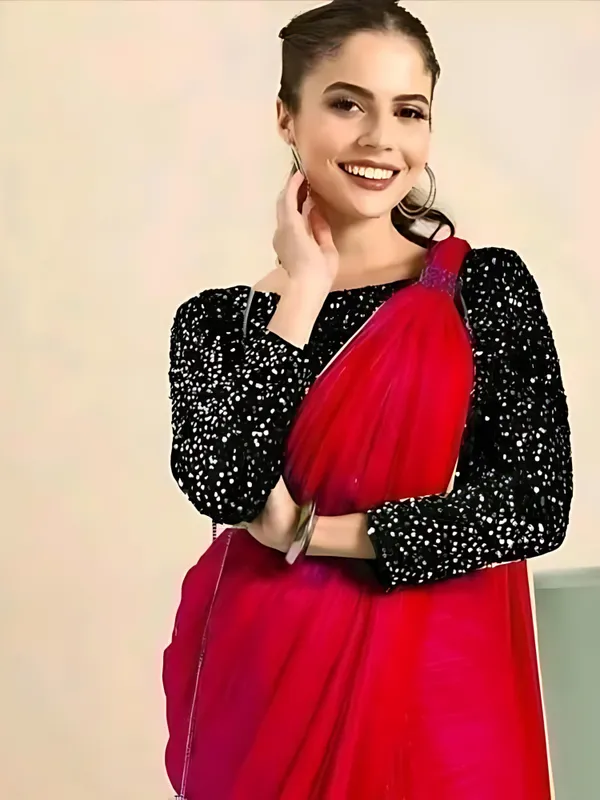 Red_Designer_Fancy_Chiffon_Saree_With_Sequance_Blouse_Piece