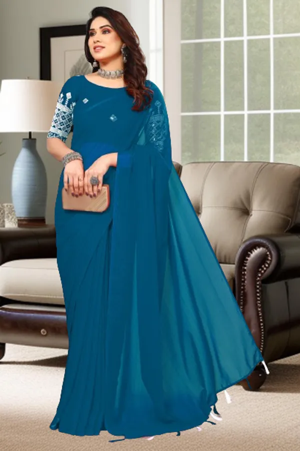 Green_Georgette_Solid/Plain_Party_And_Festive_Bollywood_Blend_Saree_With_unstitched_Blouse