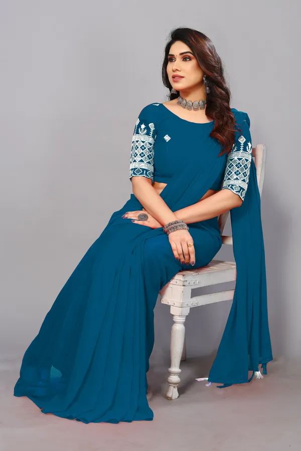 Green_Georgette_Solid/Plain_Party_And_Festive_Bollywood_Blend_Saree_With_unstitched_Blouse