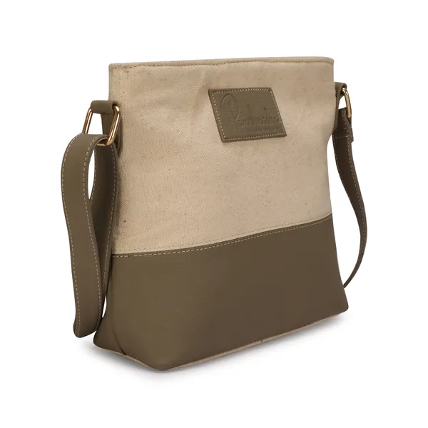 Khaki_Brown_Cross_Body_Fancy_Canvas_Bag_With_Three_Zipper_Compartments