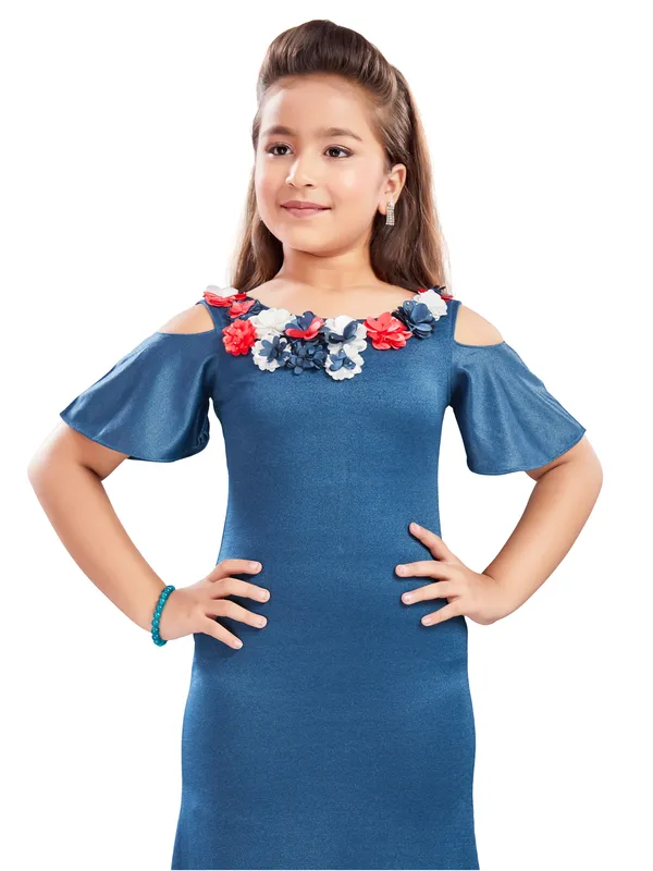 Blue_Polyester_Half_Sleeve_Round_Neck_Gown_Dress_For_Girls