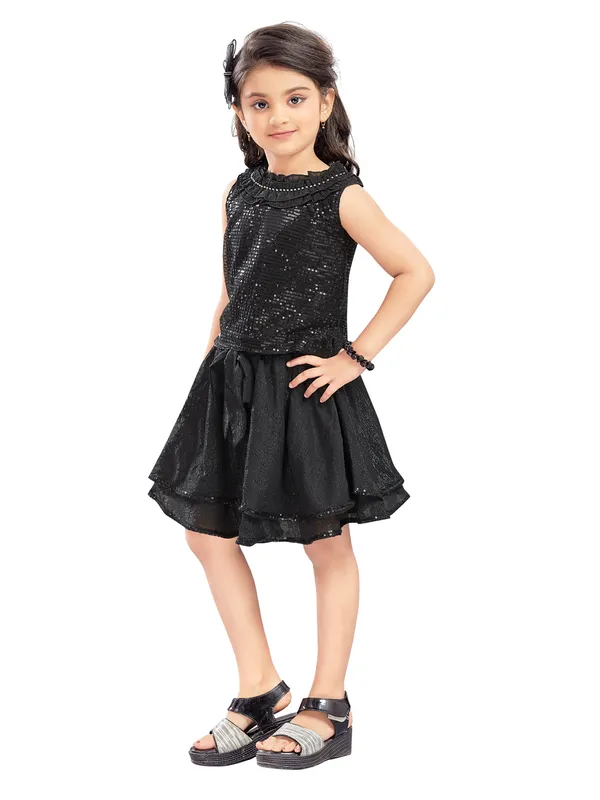 Black_Polyester_Embossed_Top_&_Skirt_For_Girls