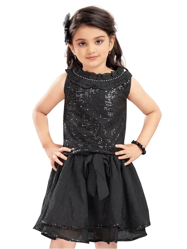 Black_Polyester_Embossed_Top_&_Skirt_For_Girls