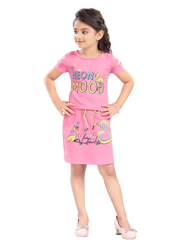 Pink_Hosiery_Text_Print_Top_&_Skirt_For_Girls