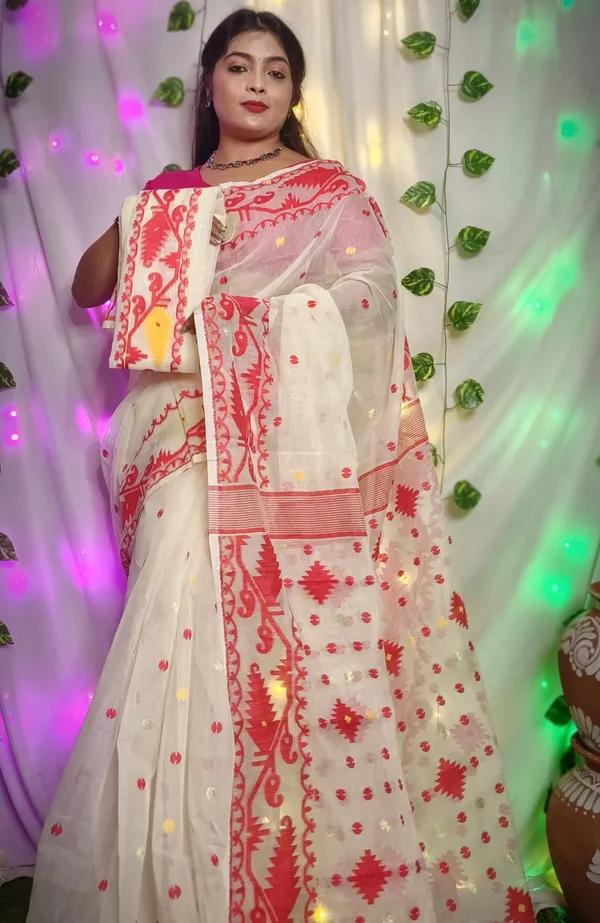 White_Handloom_Premium_Quality_Resam_Dhakai_Jamdani_Soft_Saree_For_Women