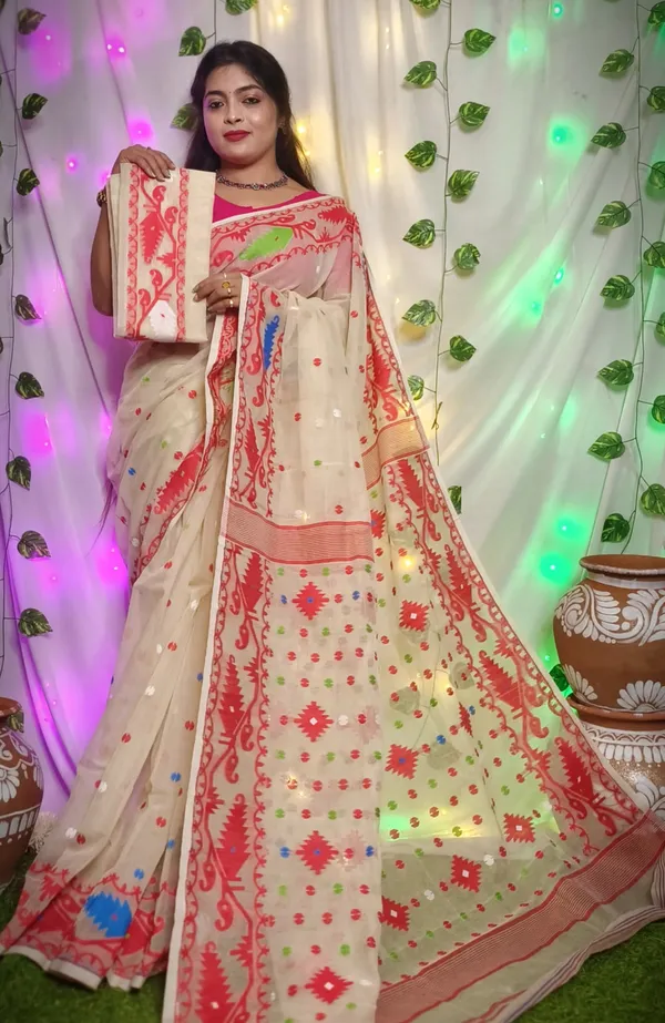 White_Handloom_Premium_Quality_Resam_Dhakai_Jamdani_Soft_Saree_For_Women