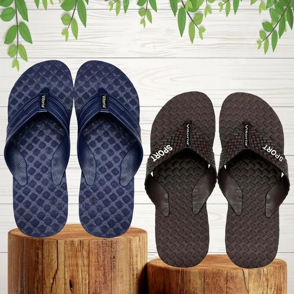 Blue/_Brown__Rubber_Premium_Slippers_For_Men_-_Pack_Of_2