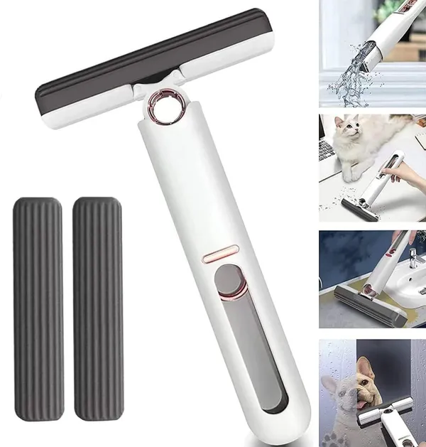 White_&_Gray__Portable_Self-Squeeze_Mini_Mop_-_Strong_Absorbent_Mop_With_1_Cotton_Head,_Cleaning_Sponge