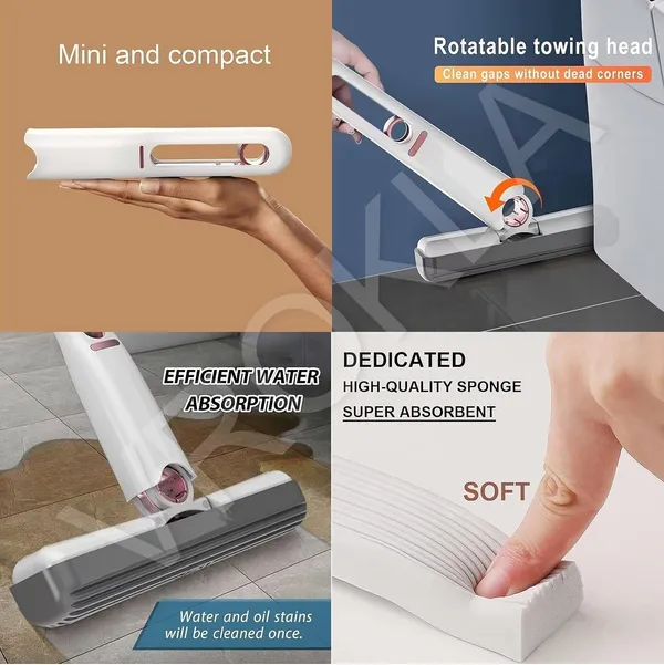 White_&_Gray__Portable_Self-Squeeze_Mini_Mop_-_Strong_Absorbent_Mop_With_1_Cotton_Head,_Cleaning_Sponge