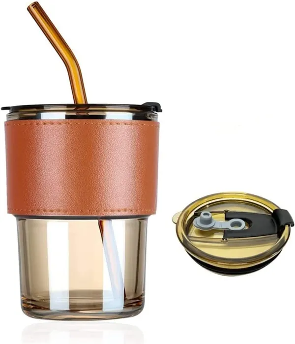 Transparent_&_Brown_PU_Leather_Sleeve_Glass_Tumbler_Mug_with_Lid,_Coffee_Sipper_with_Straw_and_Protective_Anti-Skid_Leather_Sleeve_for_Hot_and_Cold_Beverages_(435ml)