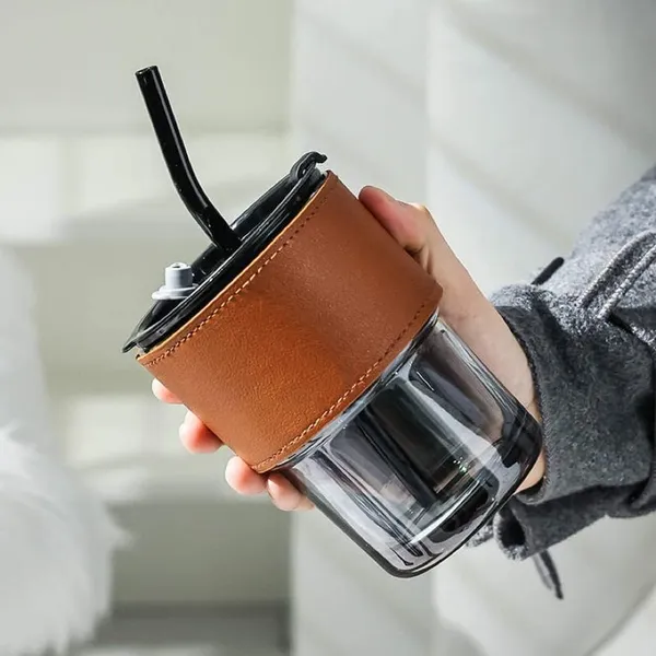 Transparent_&_Brown_PU_Leather_Sleeve_Glass_Tumbler_Mug_with_Lid,_Coffee_Sipper_with_Straw_and_Protective_Anti-Skid_Leather_Sleeve_for_Hot_and_Cold_Beverages_(435ml)