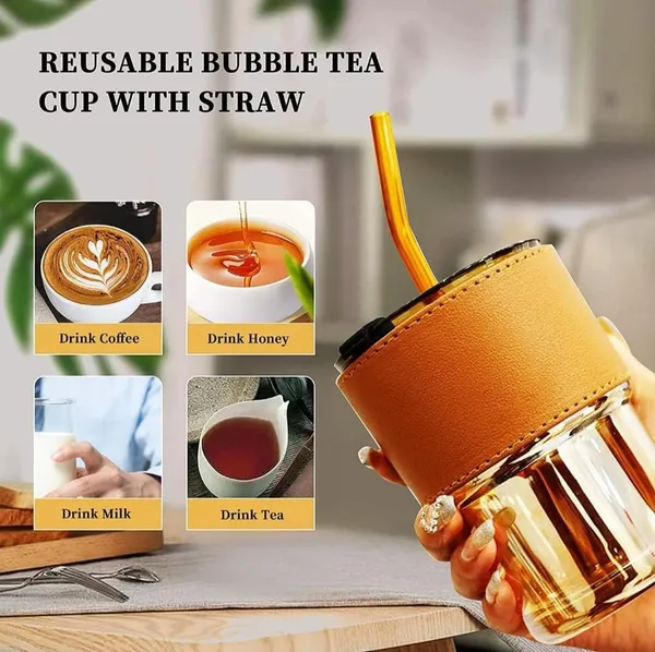 Transparent_&_Brown_PU_Leather_Sleeve_Glass_Tumbler_Mug_with_Lid,_Coffee_Sipper_with_Straw_and_Protective_Anti-Skid_Leather_Sleeve_for_Hot_and_Cold_Beverages_(435ml)