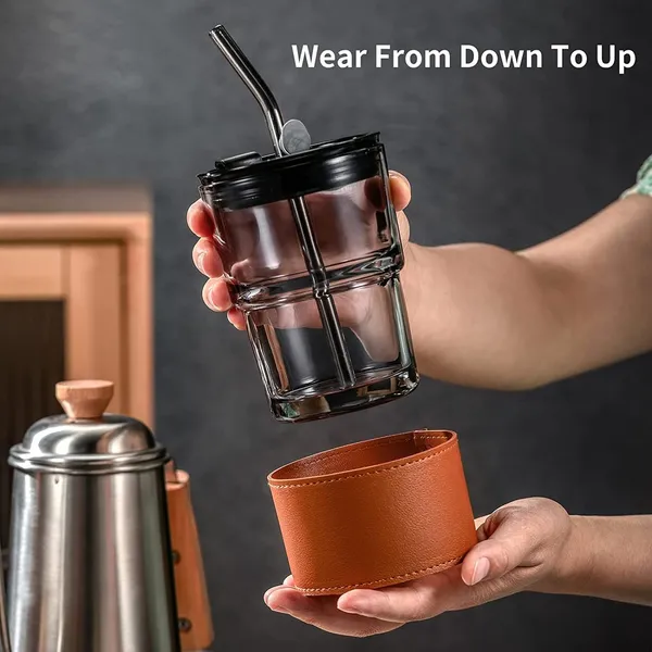 Transparent_&_Brown_PU_Leather_Sleeve_Glass_Tumbler_Mug_with_Lid,_Coffee_Sipper_with_Straw_and_Protective_Anti-Skid_Leather_Sleeve_for_Hot_and_Cold_Beverages_(435ml)