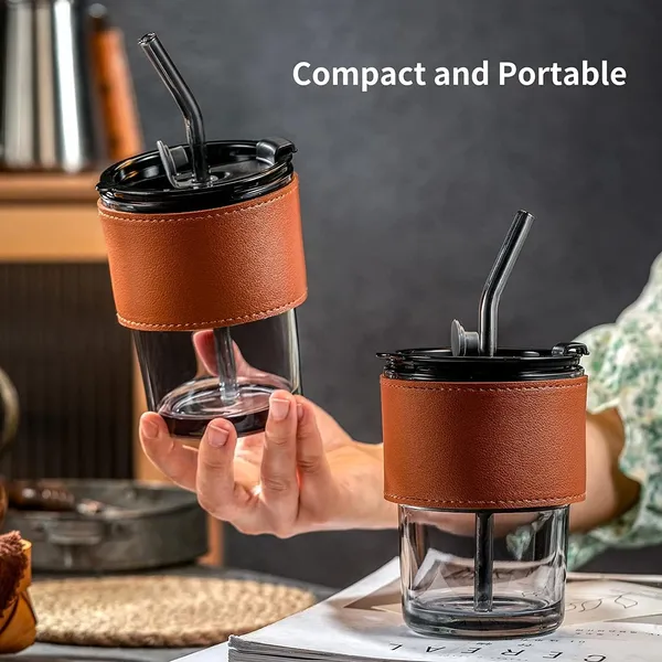 Transparent_&_Brown_PU_Leather_Sleeve_Glass_Tumbler_Mug_with_Lid,_Coffee_Sipper_with_Straw_and_Protective_Anti-Skid_Leather_Sleeve_for_Hot_and_Cold_Beverages_(435ml)