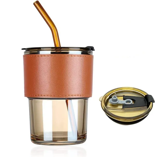 Set_of_2,_400_ml_Leather_Grip_Coffee_Cup_Sipper_Glass_with_Straw_for_Hot/Cold_Beverages_Smoothies_Fruit_Juice_Travel_Mug_BROWN
