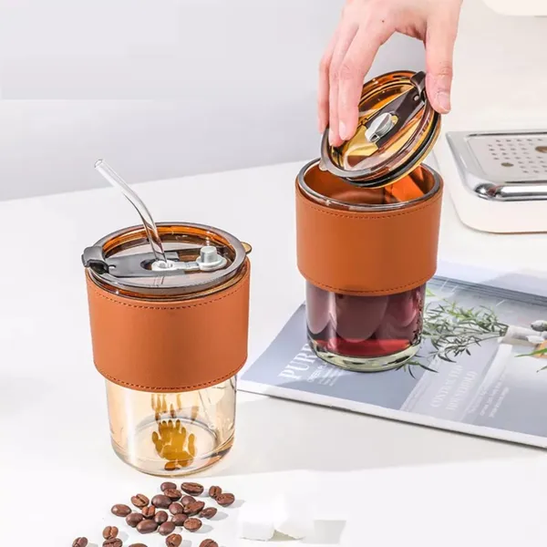Set_of_2,_400_ml_Leather_Grip_Coffee_Cup_Sipper_Glass_with_Straw_for_Hot/Cold_Beverages_Smoothies_Fruit_Juice_Travel_Mug_BROWN