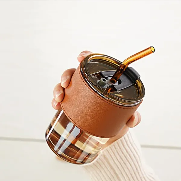 Set_of_2,_400_ml_Leather_Grip_Coffee_Cup_Sipper_Glass_with_Straw_for_Hot/Cold_Beverages_Smoothies_Fruit_Juice_Travel_Mug_BROWN