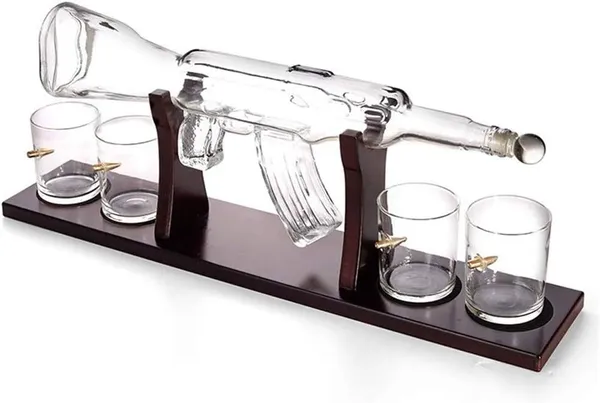 AK_Rifle_Gun_Whiskey_Decanter_(1000ML)_Set_with_4_Bullet_Glasses_(450ML)_|_Mahogany_Wooden_Base_Holder_Stand_for_All_Spirits,_Wine,_Liquor,_Scotch,_Bourbon_and_More