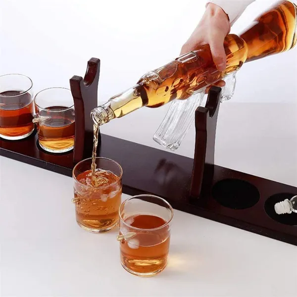 AK_Rifle_Gun_Whiskey_Decanter_(1000ML)_Set_with_4_Bullet_Glasses_(450ML)_|_Mahogany_Wooden_Base_Holder_Stand_for_All_Spirits,_Wine,_Liquor,_Scotch,_Bourbon_and_More