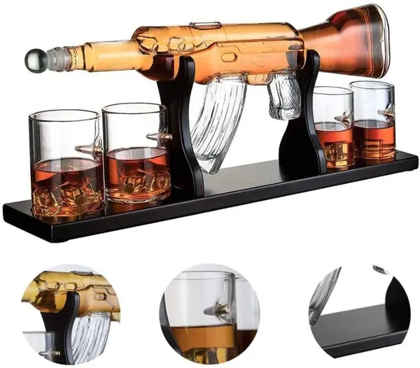 AK_Rifle_Gun_Whiskey_Decanter_(1000ML)_Set_with_4_Bullet_Glasses_(450ML)_|_Mahogany_Wooden_Base_Holder_Stand_for_All_Spirits,_Wine,_Liquor,_Scotch,_Bourbon_and_More