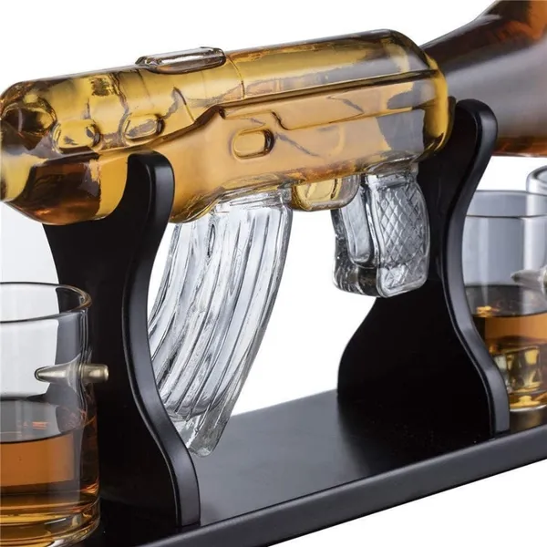 AK_Rifle_Gun_Whiskey_Decanter_(1000ML)_Set_with_4_Bullet_Glasses_(450ML)_|_Mahogany_Wooden_Base_Holder_Stand_for_All_Spirits,_Wine,_Liquor,_Scotch,_Bourbon_and_More