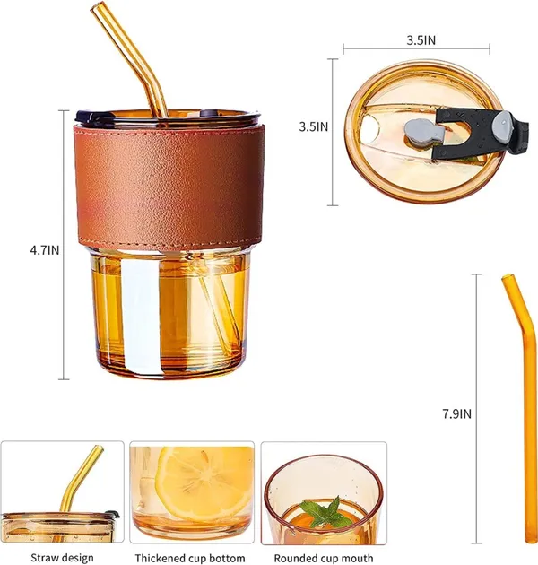 400ml_Leather_Grip_Coffee_Cup_Sipper_Glass_with_Straw_for_Hot/Cold_Beverages_Smoothies_Fruit_Juice_Travel_Mug__BLACK/BROWN